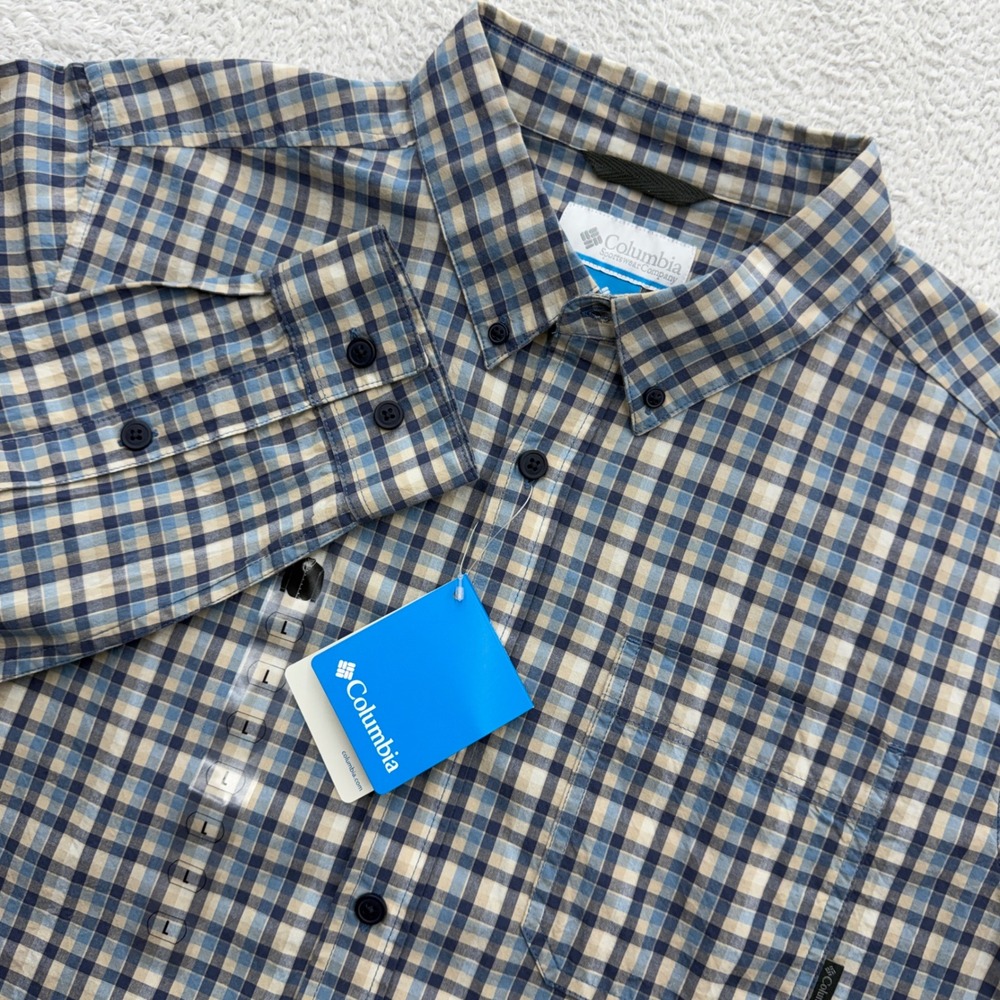 Columbia Mens Rapid Rivers II Long Sleeve Plaid Shirt Blue Tan AM7968-163 Size L